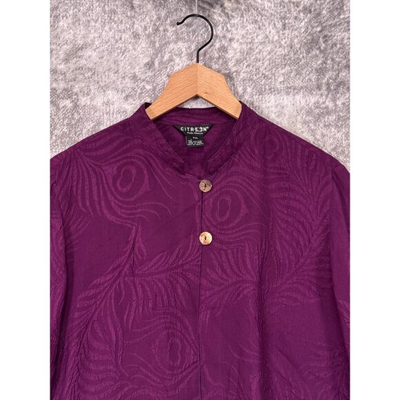 Citron Top XL Petite Womens Purple Silk Jacquard Long Sleeve Button Topper - Picture 2 of 8